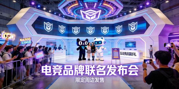 电竞品牌联名发布会现场的展台与粉丝互动场景